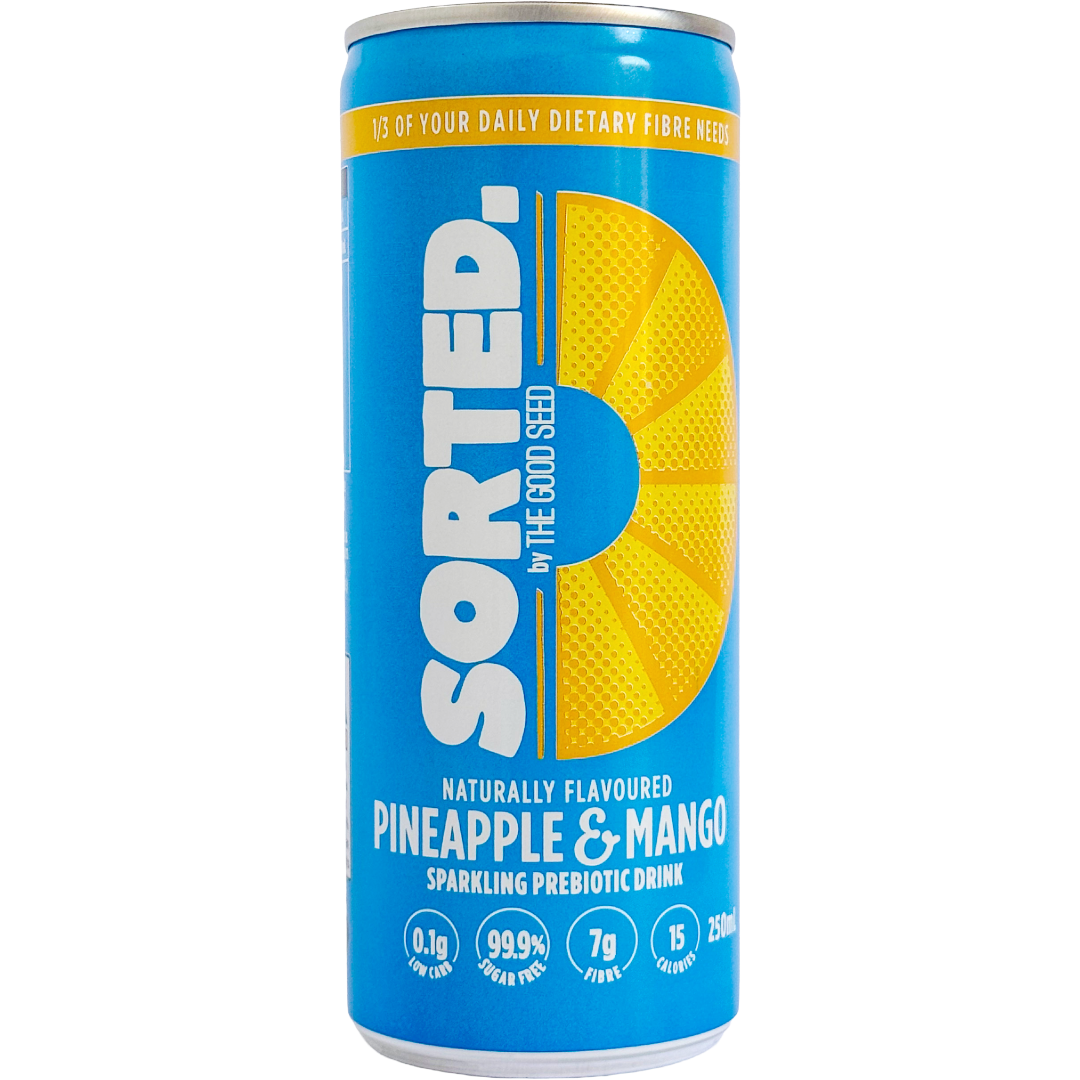 SORTED Pineapple & Mango prebiotic soft drink can