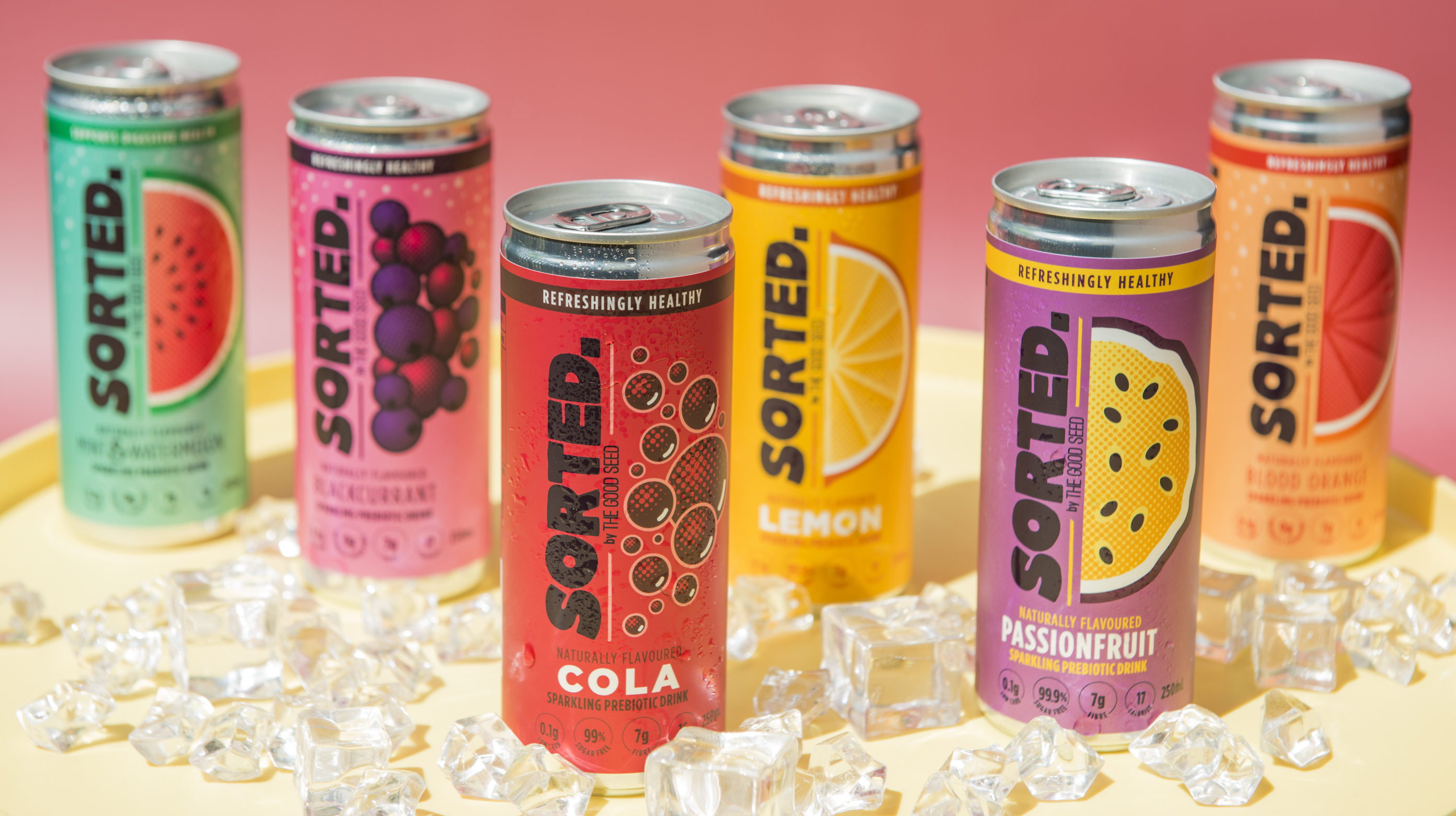 sorted prebiotic soft drink cans
