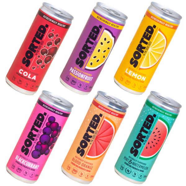 sorted drinks - mixed cans - sugar-free prebiotic soft drink for better gut health
