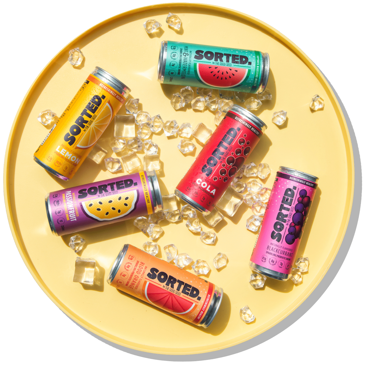 sorted prebiotic soft drink cans on a tray